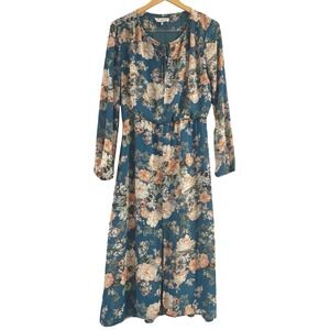 WAYF Blue Pink Floral Print Long Sleeve Tie V Neck Front Slit Boho Maxi Dress M‎